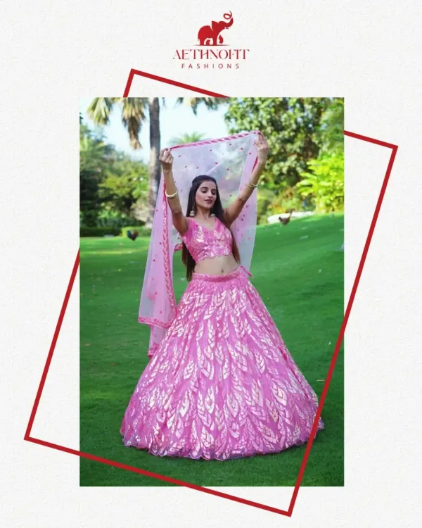 This blush pink lehenga is a whole mood. I designed it to be light, graceful, and full of shimmering sequins so you can twirl effortlessly and feel like the main character. It’s perfect for sangeet nights or a daytime wedding.