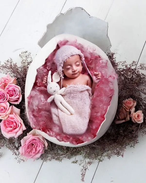 A classic newborn portrait, with the baby nestled safely inside a prop egg shell surrounded by soft pink roses. This artistic setup creates a beautiful and timeless image.