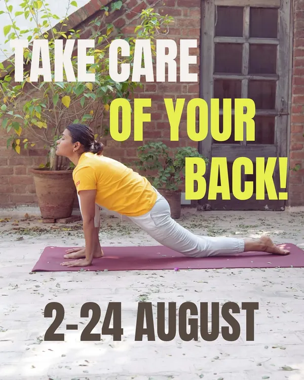 This poster for my "Yoga for Back Pain" course highlights a key offering for corporate teams. The program is designed to educate employees on the causes of back pain and empower them with asanas and practices for lifelong spinal health.