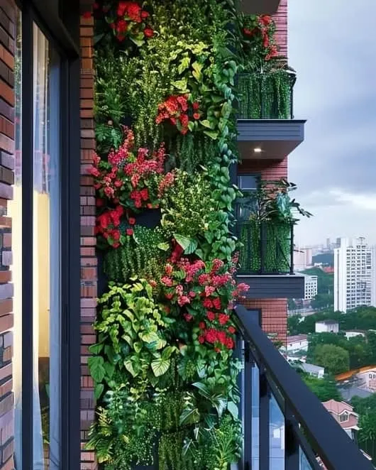 This is a close-up of a large-scale vertical garden installation. By combining different textures and colors of foliage, I can create a living wall that is both a piece of art and a breath of fresh air for your building's exterior.
