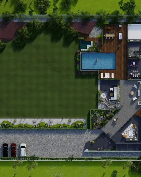 This is the master plan for the one-acre farmhouse project. Our comprehensive landscape design includes a large party lawn, an infinity-edge swimming pool, multiple decks and patios, a kitchen garden, and carefully planned parking and entryways.