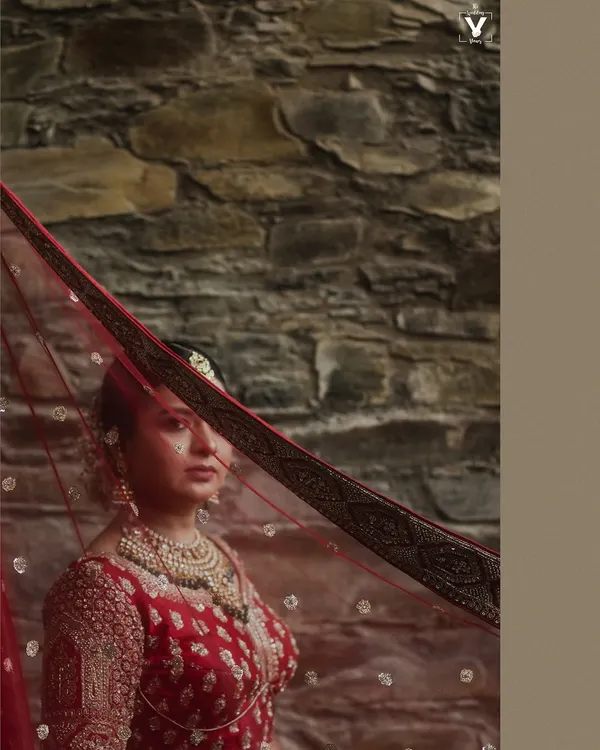 A classic bridal portrait with the veil gently obscuring her face, creating a sense of mystery and timeless beauty. The rustic stone wall provides a beautiful textured background for this shot from a Udaipur wedding.