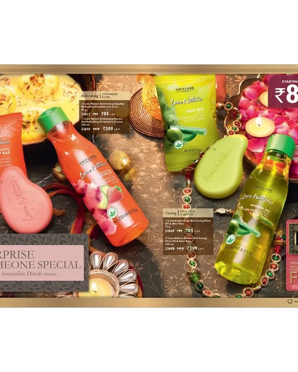 A festive Diwali-themed spread for Oriflame's Love Potion and Love Nature body care products. The layout integrates products, pricing, and festive elements like diyas and flower petals.