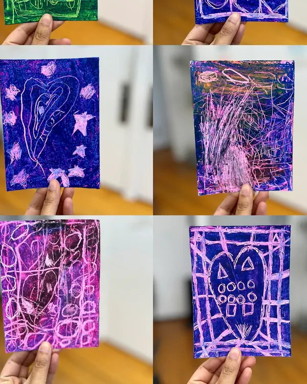Look at this explosion of creativity! This collage showcases the amazing results from our kids' sgraffito workshop using oil pastels. It's a super fun technique for creating details and texture.
