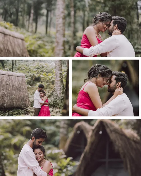 A collage of intimate moments from a pre-wedding shoot in the lush greenery of 90kandi, capturing the couple's quiet connection.