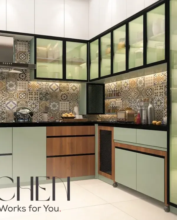 This kitchen is designed to truly work for you. We combined pastel matte shutters with a vibrant Moroccan tile backsplash and glass-front cabinets to create a space that is both highly functional and full of personality.