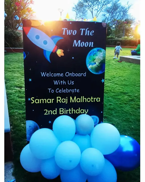 "Two The Moon!" A personalized welcome sign for Samar Raj Malhotra's 2nd birthday space adventure, setting the stage for a cosmic celebration right from the entrance.