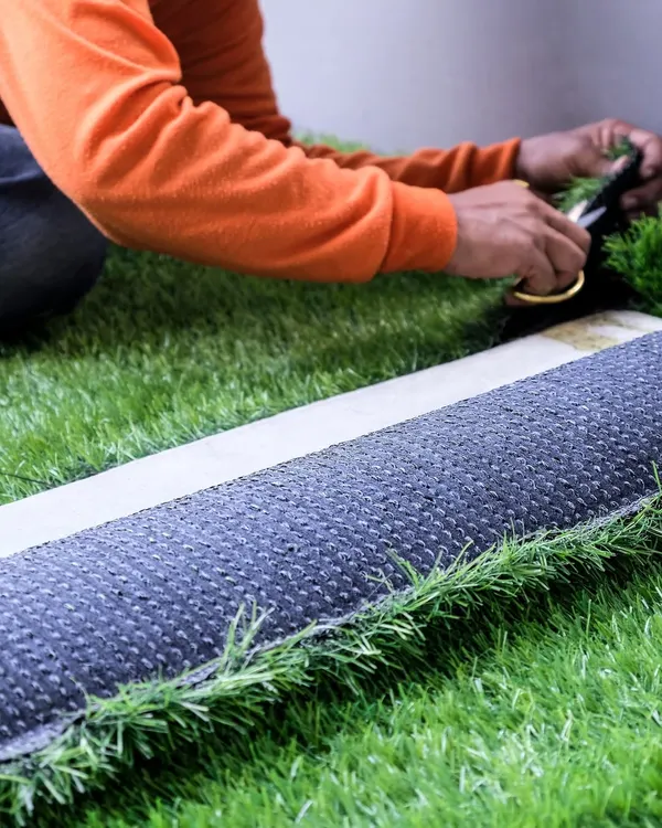 Here you can see the precision involved in my installation process. I carefully measure and cut each piece of turf to ensure a perfect fit and seamless joints, resulting in a flawless, professional finish for every project.