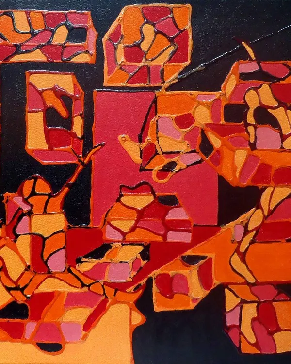 This abstract painting challenges the viewer to find their own meaning. The interplay of geometric shapes and a warm, fiery palette creates a composition that is both complex and harmonious.