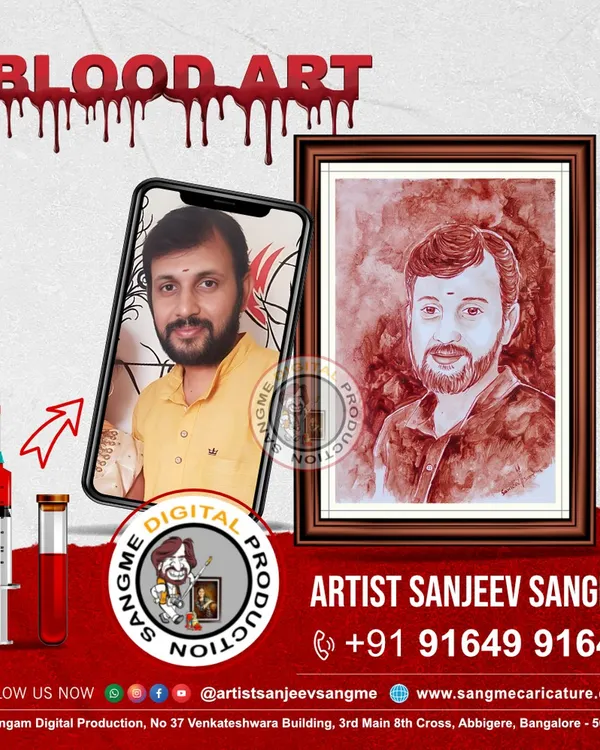 This is a promotional image for my blood art service, showing the transformation from a photo to a finished portrait. I am an award-winning artist specializing in this unique and personal art form.