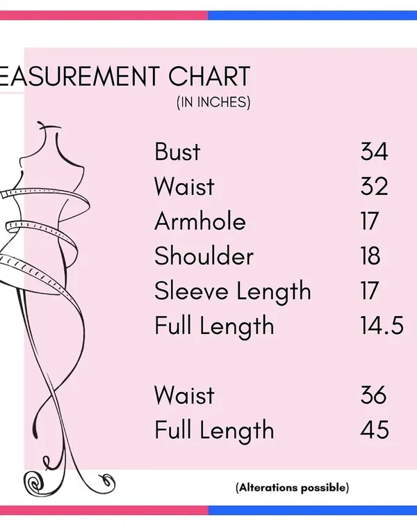 A sample measurement chart for one of our lehengas. We offer alterations to ensure the perfect fit for your special day.