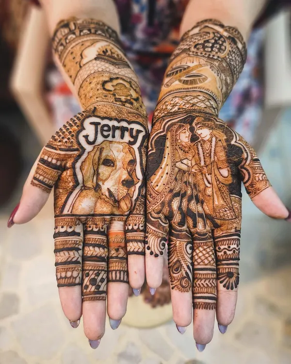 I believe your mehndi should tell your personal story. Here, I created a custom design featuring a portrait of the couple's beloved dog, Jerry, alongside a classic bride and groom portrait.
