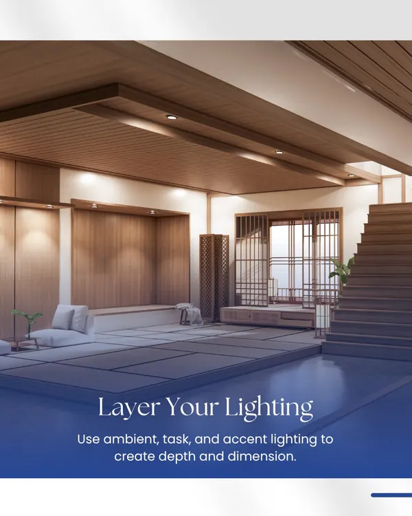 Layering your lighting is key to creating depth and dimension. This image shows how we use a combination of ambient, task, and accent lighting to create a warm and inviting atmosphere.