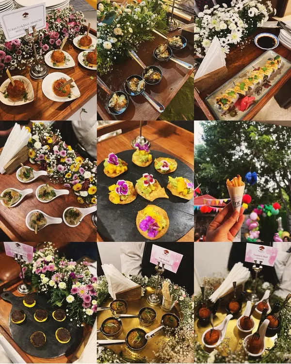 A collage showcasing the variety of our pass-around appetizers. You can see our Mushroom Arancini, sushi rolls, mini tikkis, and avocado mango puri, all beautifully presented and ready to be served at a house party.