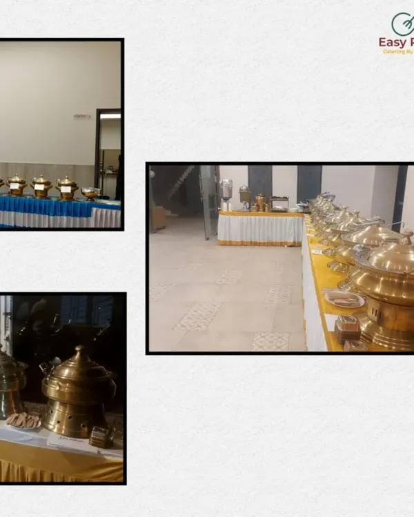A collage showing our versatile buffet setups. We use different colored linens and serving dishes, including traditional brassware, to match your event's decor.