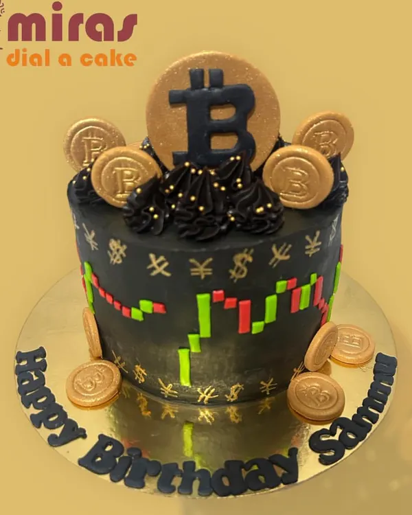 I designed this cake for a fintech professional's birthday, capturing the dynamic world of cryptocurrency. The design features a bold Bitcoin logo, edible gold coins, and a stock market chart, all on a rich, dark chocolate cake.