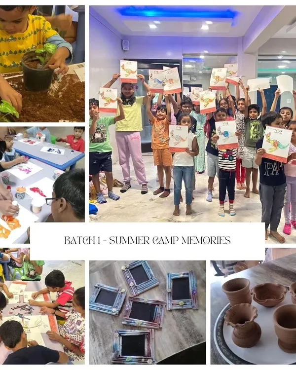 This collage captures the heart of our summer camps. It shows the variety of hands-on activities we offer, from getting creative with pottery and painting to learning about nature through planting.