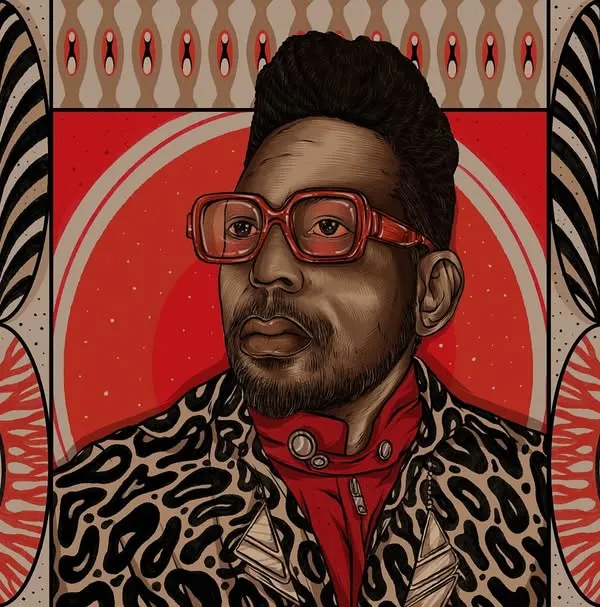 The final portrait of musician Damon Locks for Bandcamp Weekly. The artwork is filled with patterns and symbols that reflect his work with the Black Monument Ensemble.