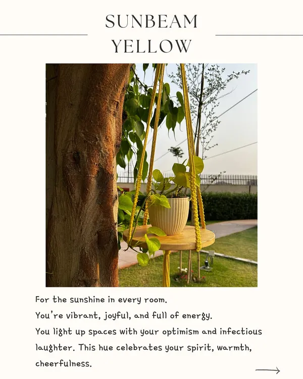Which color speaks to your soul? Our 'Swing Story CLASSIC' macrame shelf is available in a range of soothing colors like Sunbeam Yellow and Moonlit Mauve to match your personality.