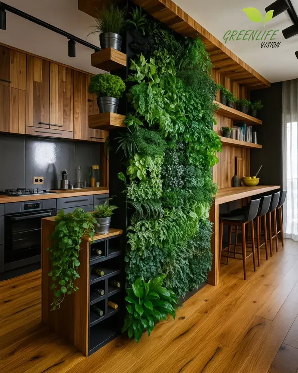 This kitchen and dining area is redefined by a magnificent living wall. It acts as a natural divider, purifying the air while adding unparalleled texture and life to a modern, open-concept space.