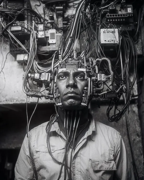 A black and white portrait of a 'wirehead', a man whose head is a chaotic mess of cables and machinery. This is a recurring character concept I use to explore the overwhelming nature of being constantly plugged in.