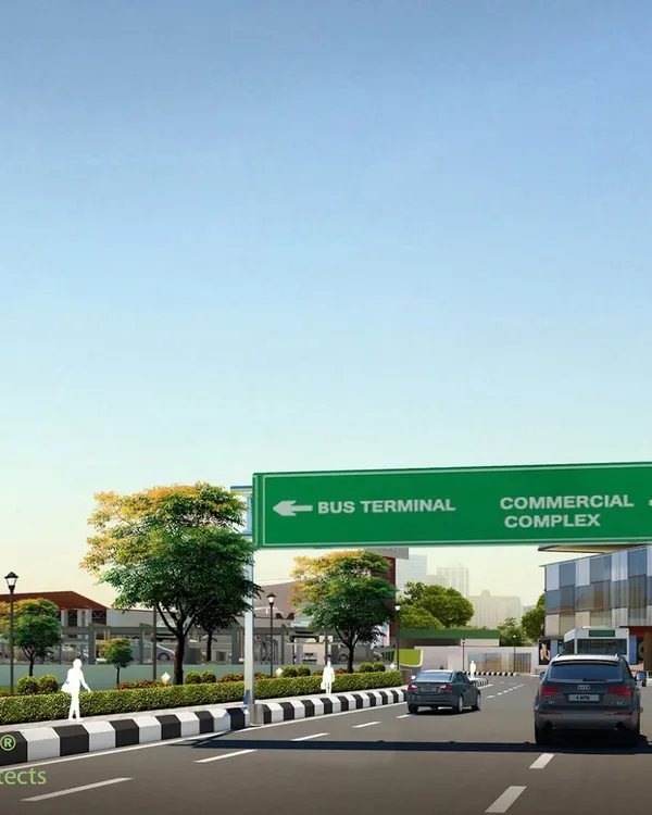 This render shows the clear signage and organized traffic flow designed for the entrance of the Khadgarha Bus Terminal in Ranchi. The goal was to bring order to a previously chaotic transport hub.