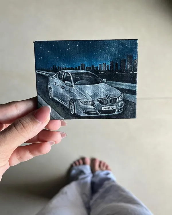 A miniature painting of a BMW 320d on a night drive against a city skyline. This tiny canvas captures a whole mood and was so much fun to create.