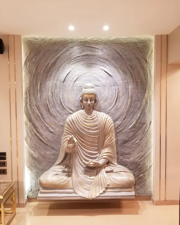 We started a project with this incredible Buddha sculpture to bring a sense of calm and serenity to the home. It serves as a powerful piece of art and a spiritual centerpiece, beautifully illuminated to highlight its intricate details.