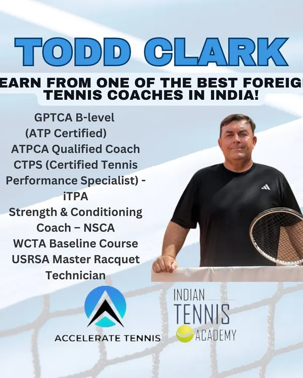 We believe in learning from the best, which is why our program is led by Head Coach Todd Clark. This graphic details his impressive list of qualifications, from being an ATP Certified GPTCA B-level coach to a certified strength and conditioning specialist, ensuring a comprehensive training approach.