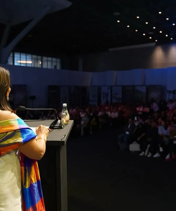 Our co-founder Gayathri Shetty addressing a large audience at FOAID 2024. We are grateful for these platforms to share our vision of weaving Indian culture, heritage, and storytelling into contemporary design.