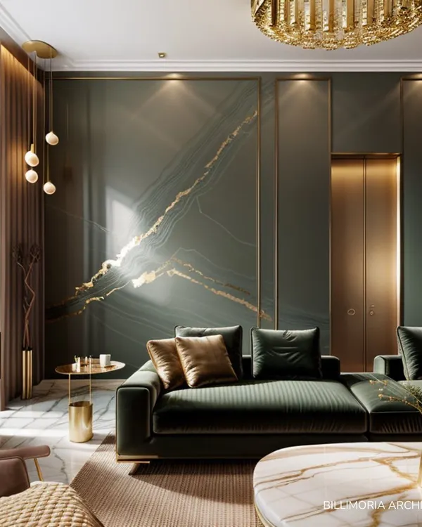A key feature of this living area is the bookmatched marble wall with gold inlay, creating a stunning focal point. The deep green velvet sofa and warm ambient lighting enhance the room's luxurious and sophisticated character.