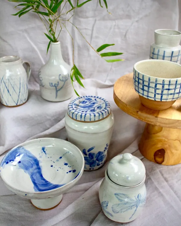 A stunning collection of blue and white pottery from my graduating professional course students. The variety of forms and patterns, from painted florals to graphic grids, is a beautiful teaser of their talent.