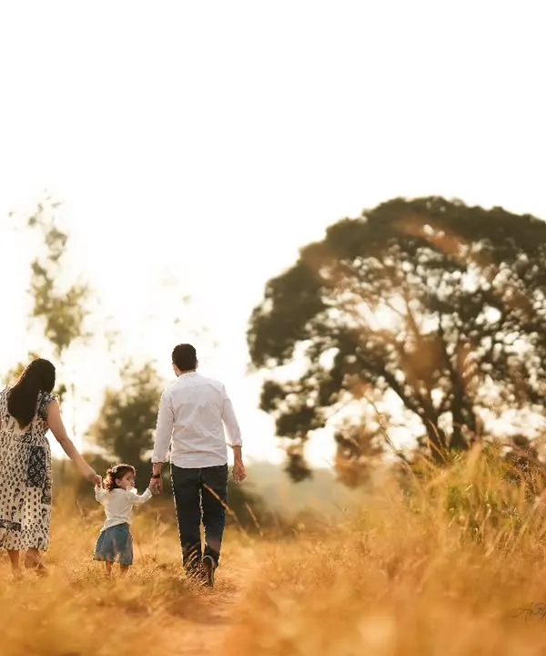 A beautiful shot of a family of three walking away from the camera into a sun-drenched field, holding hands.