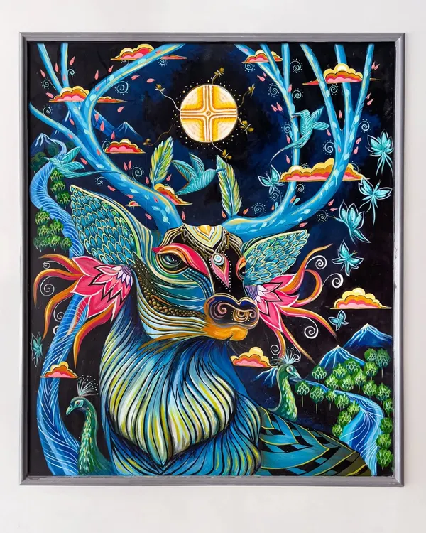 'The Celestial Grace in Blue'. I painted this surreal deer mural for a project in Uttarakhand. I let my imagination flow, creating intricate, carving-like designs without any prior sketch, allowing the art to emerge naturally on the panel.