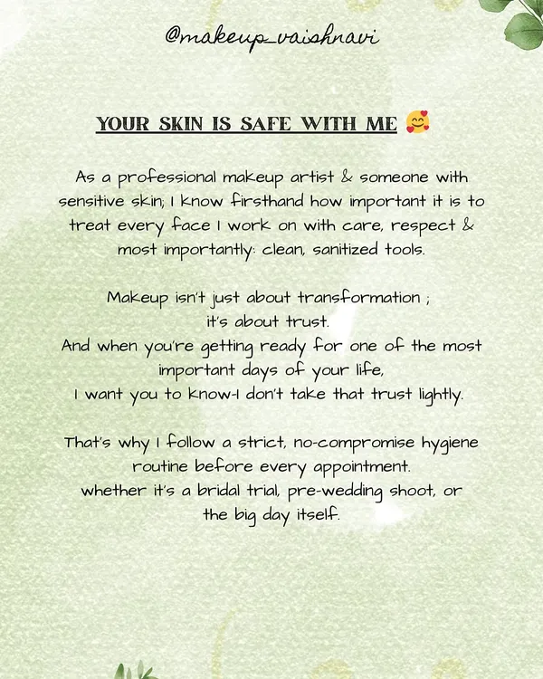 Your skin's safety is my top priority. As someone with sensitive skin myself, I follow a strict, no-compromise hygiene routine for every client. This is my promise to you, because bridal makeup is built on trust.