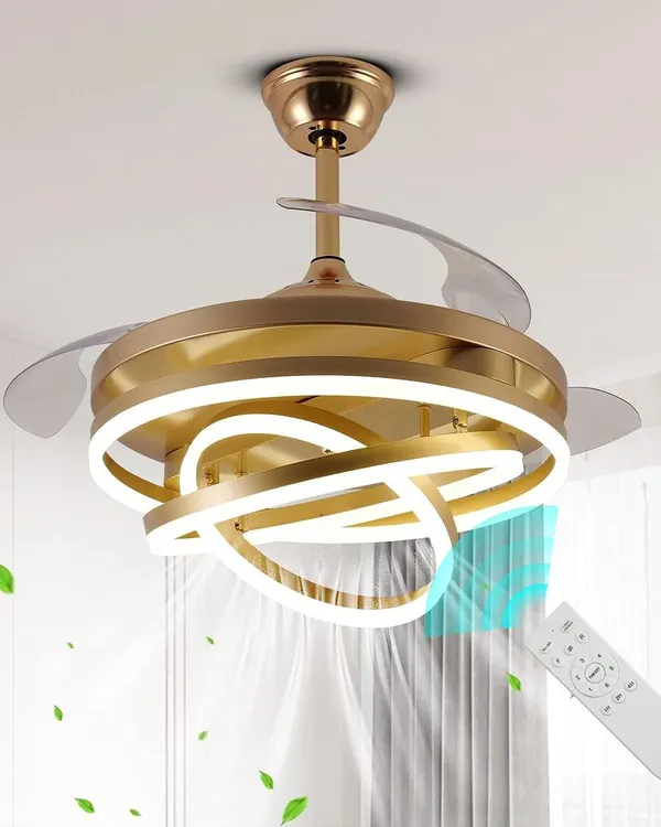 This is our fandelier, a ceiling fan with a built-in modern LED chandelier. It comes with a remote control to adjust both the fan speed and the light, which has three color settings. The fan blades are retractable, so it looks like a normal chandelier when the fan is off.