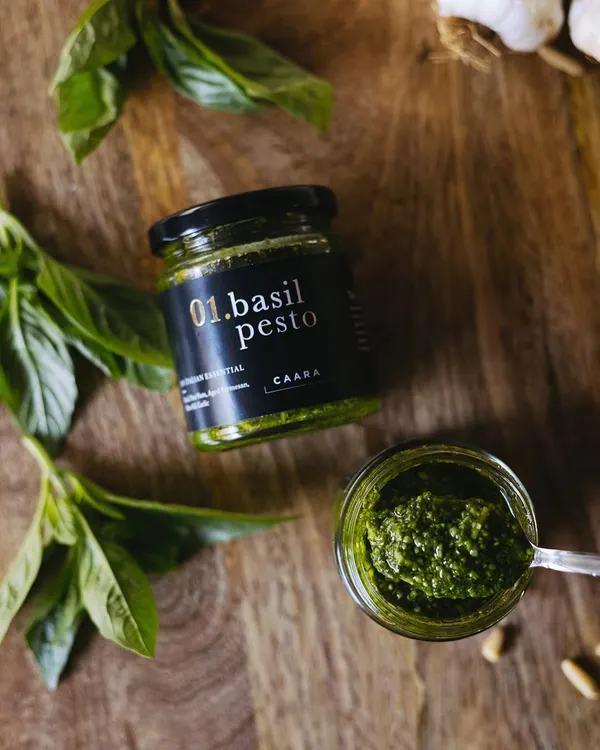 Our signature basil pesto, made with fresh basil harvested from our own farm. This vibrant, flavorful pesto is a kitchen essential, perfect for pasta, sandwiches, or as a dressing.