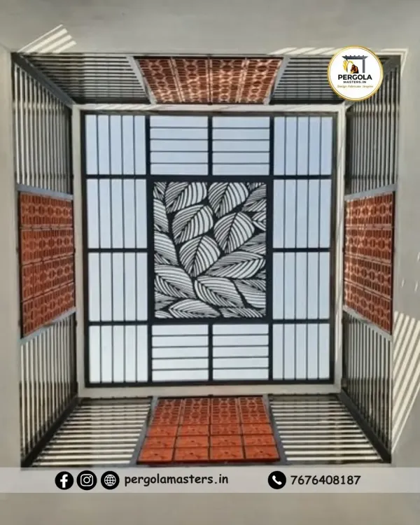 This stunning skylight combines multiple design elements. A central CNC-cut leaf pattern is framed by frosted glass panels and traditional clay tiles, creating a rich, eclectic centerpiece that celebrates light and texture.