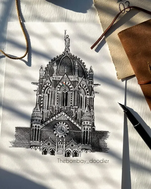 A detailed ink sketch of Mumbai's iconic Chhatrapati Shivaji Terminus (CST). I use fine-liner pens and techniques like stippling and hatching to capture the intricate details of this architectural marvel.