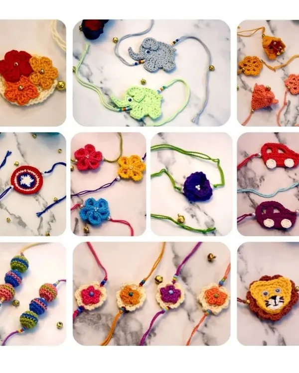 My entire collection of exclusive, handcrafted crochet Rakhis for the season. Each one is sustainable and can be repurposed after the festival.