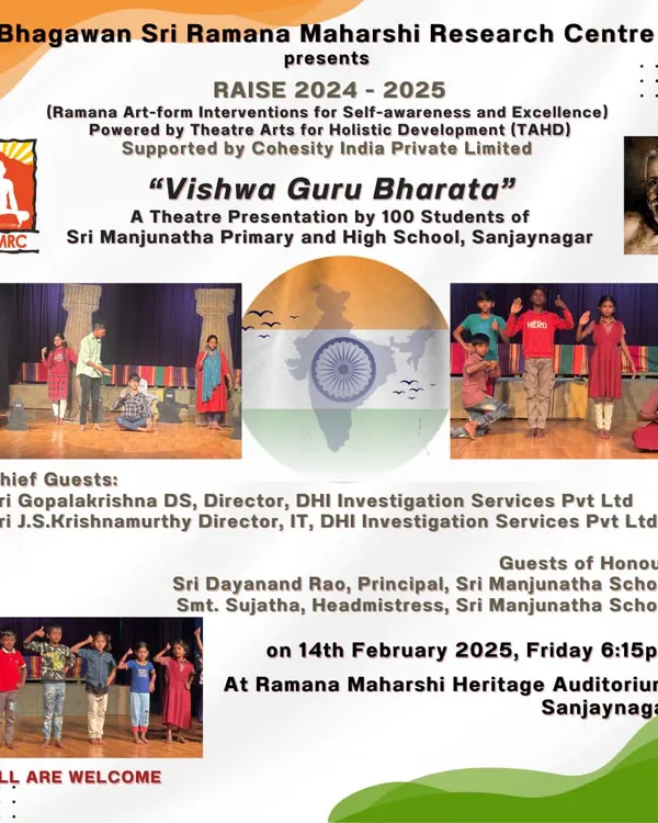 An invitation to a RAISE theatre presentation, 'Vishwa Guru Bharata', by 100 students of a local school. This program, supported by corporate partners, uses art to instill values and self-awareness.