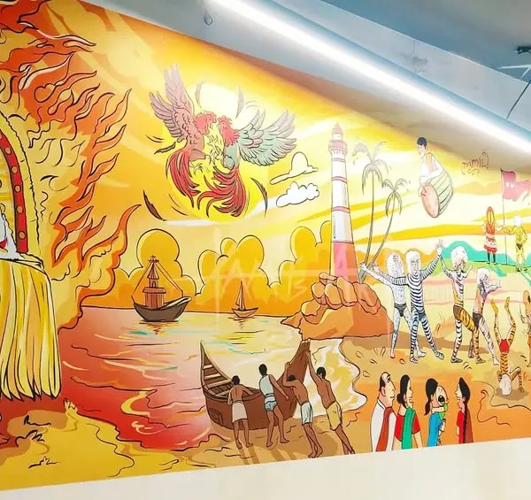 A section of the large-scale mural for an IT company, focusing on the fiery depiction of a Kola performance and a traditional fishing boat scene. The warm color palette of reds and yellows brings energy and warmth to the office interior.