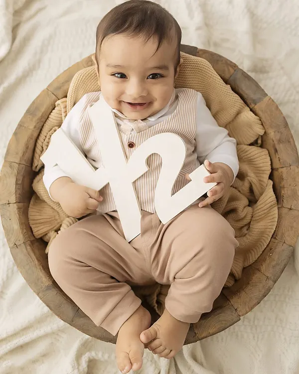 Halfway to one! This happy six-month-old is sitting up in a rustic bowl, proudly showing off his half-birthday sign. A perfect way to celebrate this big milestone.