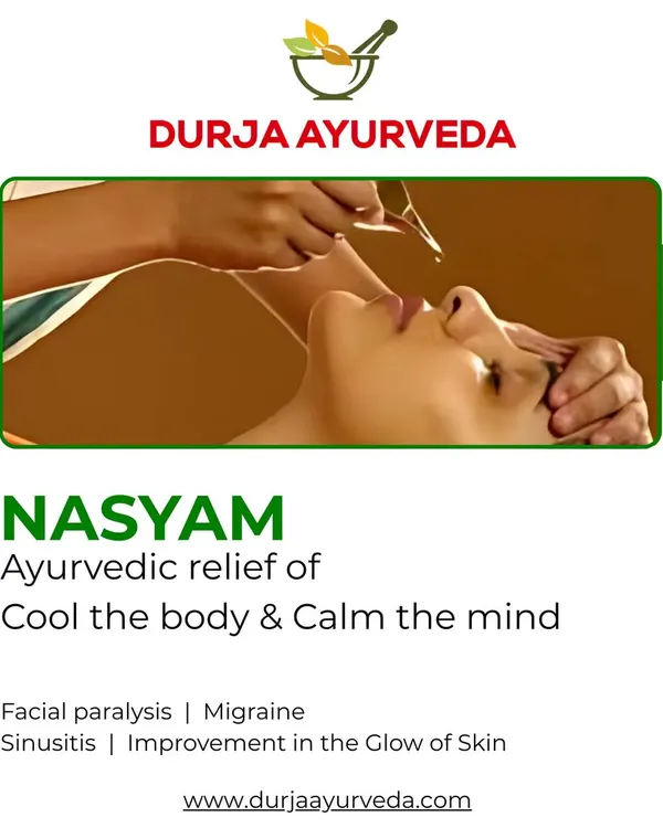This is Nasyam, an Ayurvedic therapy where medicated oil is administered through the nose. It is highly effective for clearing the sinuses, calming the mind, and improving skin glow.