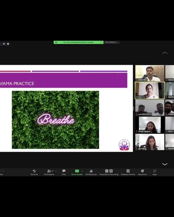 A screenshot from a corporate wellness workshop on Pranayama practice for Panacor Technologies in Dubai. We teach simple breathing techniques to help manage stress in the corporate world.