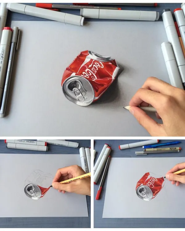 A work-in-progress collage of my crushed Coca-Cola can drawing. It shows the process from the initial outline to the layering of colors and final details.