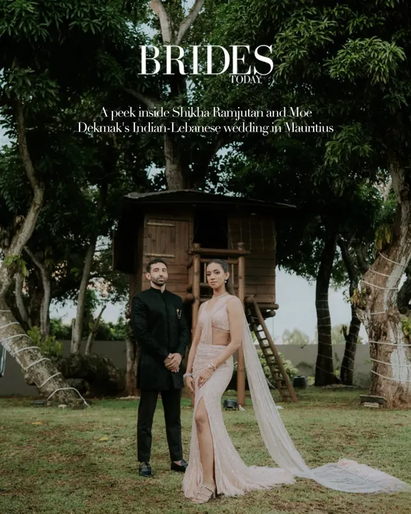 Our work featured on the cover of Brides Today, showcasing a peek inside an Indian-Lebanese wedding in Mauritius. This shot captures the couple's modern elegance against a rustic, natural backdrop.