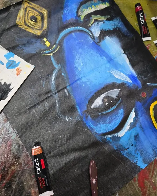 This powerful acrylic portrait demonstrates the expressive potential of bold colors and brushwork. Our painting classes help students explore color theory and application to create impactful pieces like this one.