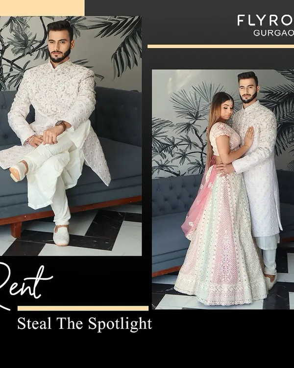 Rent and steal the spotlight. This lookbook image shows a coordinated couple in stunning all-white embroidered outfits, perfect for a sophisticated wedding theme.