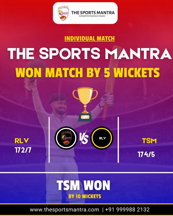 A graphic celebrating our Under-12 team's decisive 5-wicket victory against RLV Cricket Academy. Consistent wins like these build confidence and validate our training methods.